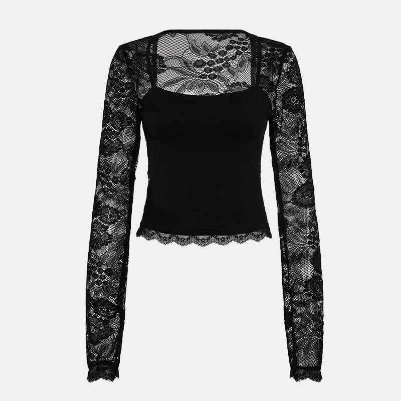 Y2K Sheer Lace Sleeve Top