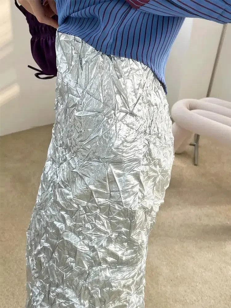 Y2K Wrinkled Silver Midi Skirt