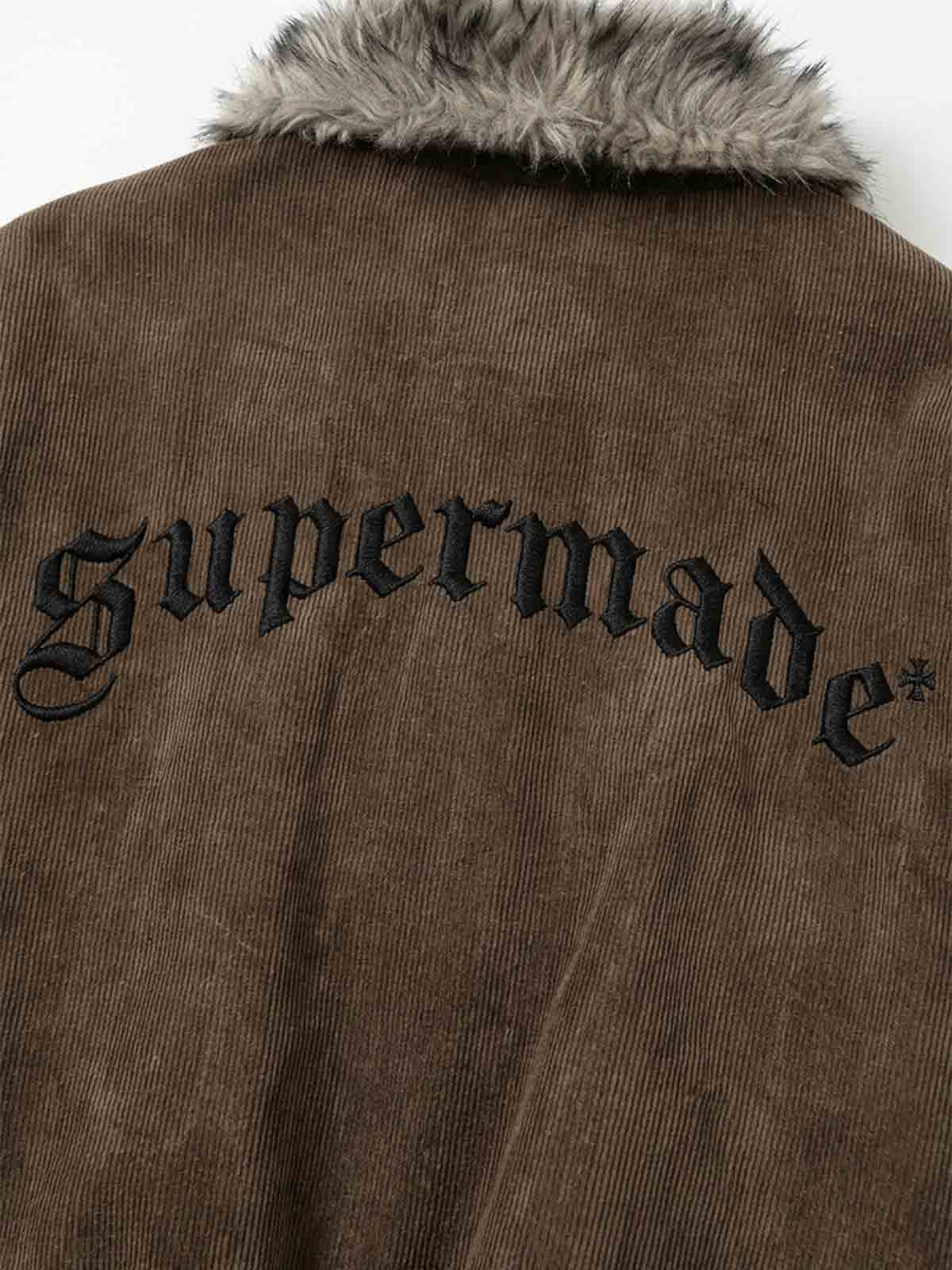 Embroidered Faux-Fur Collar Oversized Distressed Bomber Jacket; Brown / S, Brown / M, Brown / L, Brown / XL, Brown / 2XL
