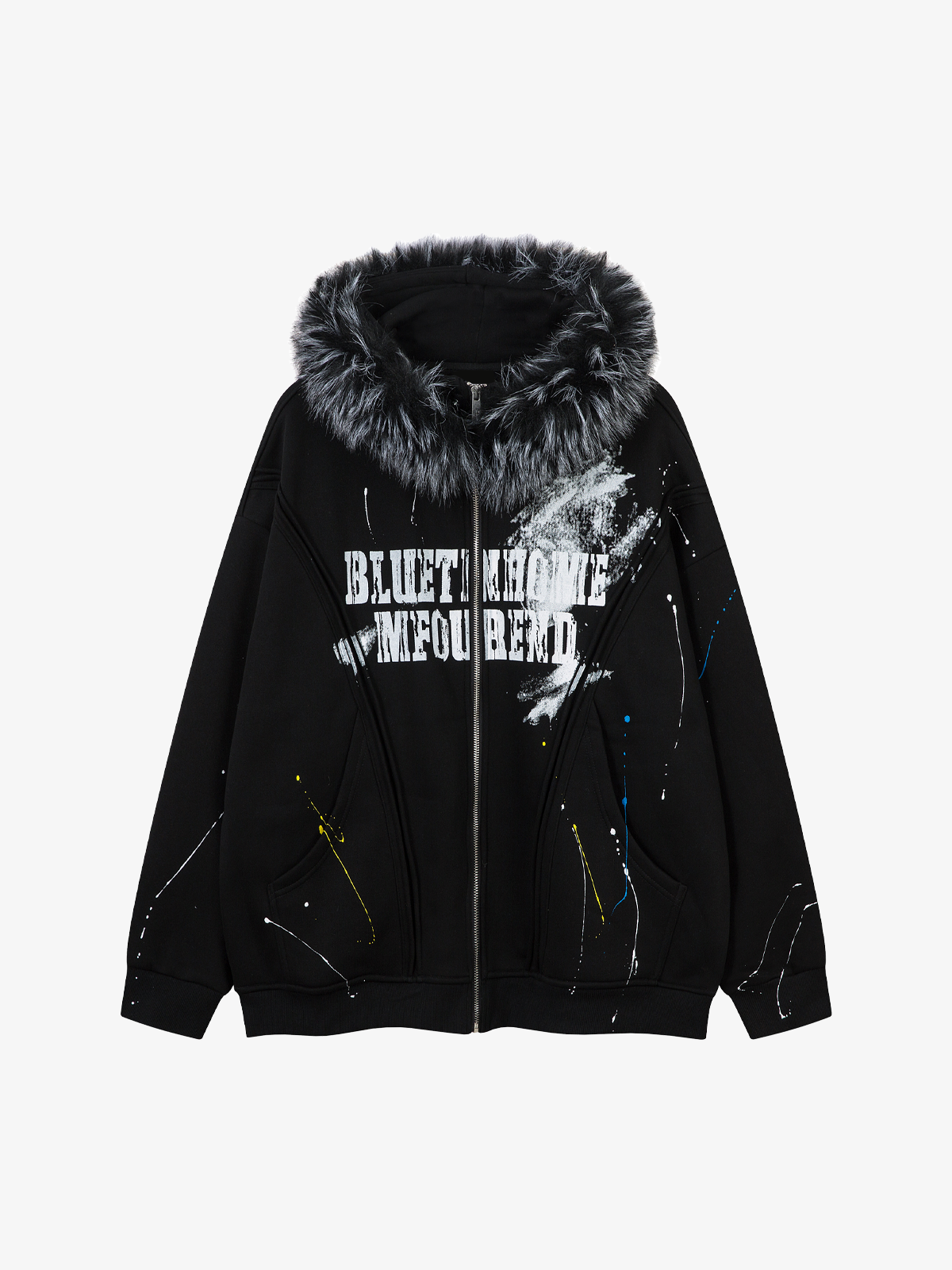 Fur-Trim Paint-Splatter Zip Hoodie; Black / M, Black / L, Black / XL
