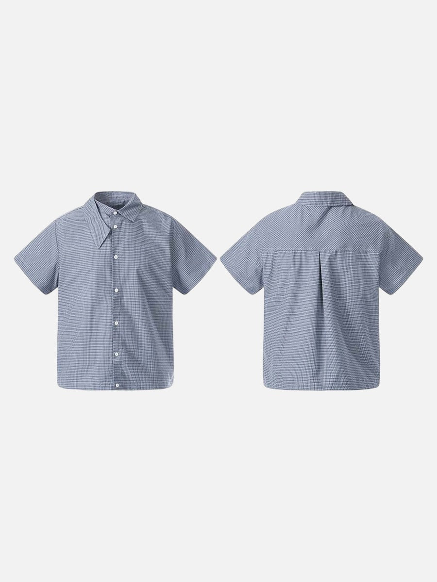 DAXUEN Short-sleeved blue and white check button-up shirt