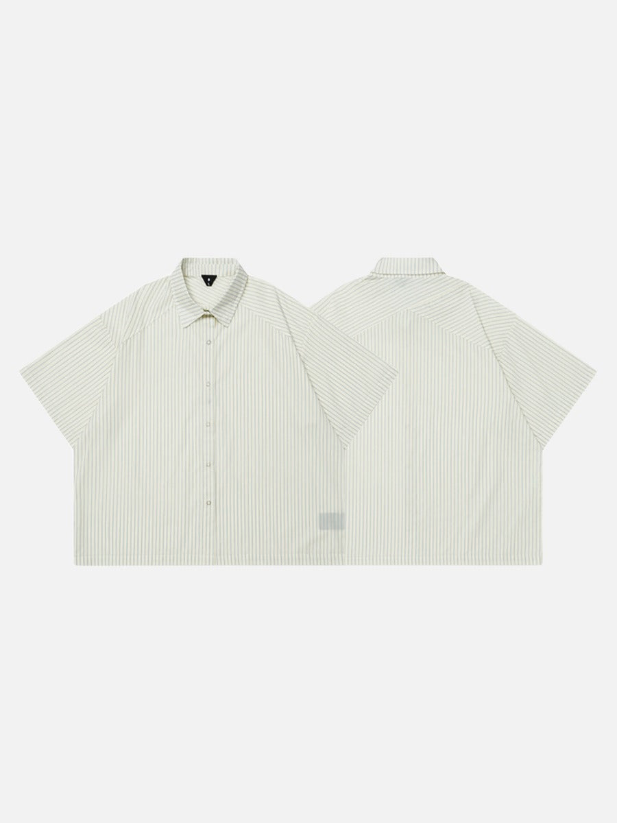 DAXUEN Cream striped button-up shirt with short sleeves — model photo