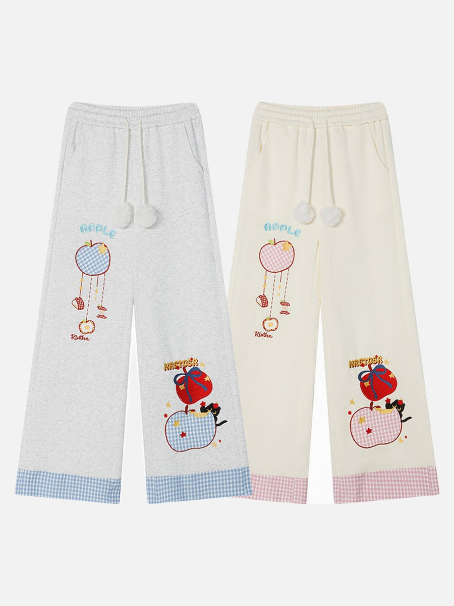 DAXUEN Gingham apple embroidered wide-leg pants