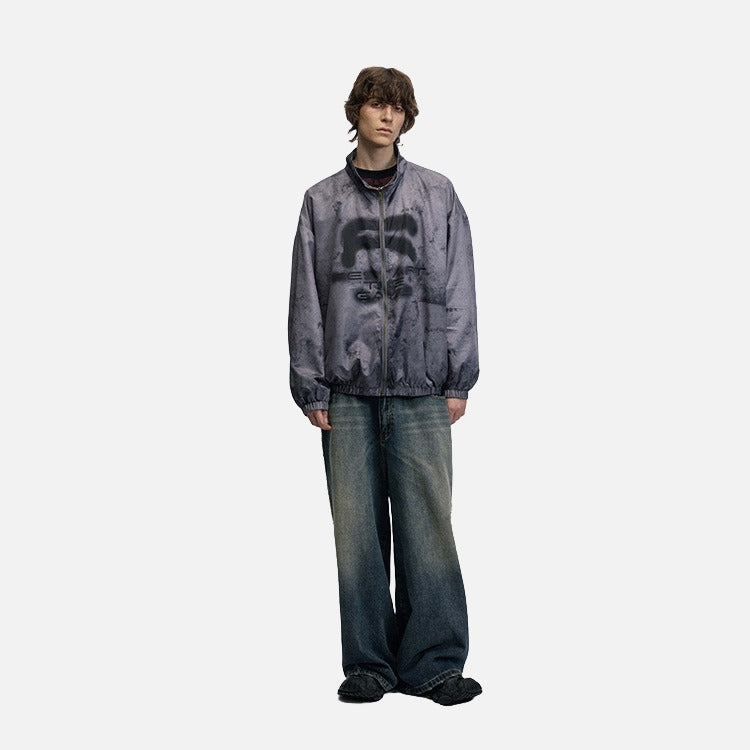 DAXUEN Oversized full-zip jacket with distressed grey pattern — model photo