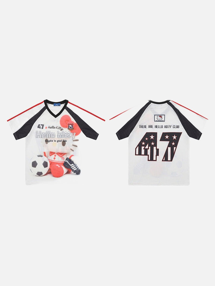 DAXUEN Hello Kitty football-themed V-neck T-shirt