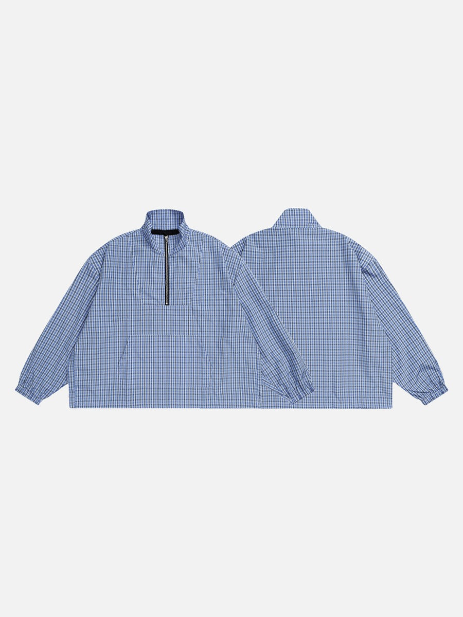 DAXUEN Plaid oversized pullover jacket with half-zip and pouch pocket