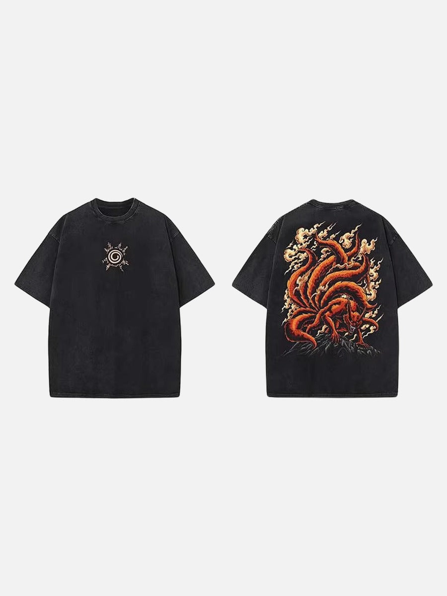 DAXUEN Black oversized graphic t-shirt with Kyuubi design