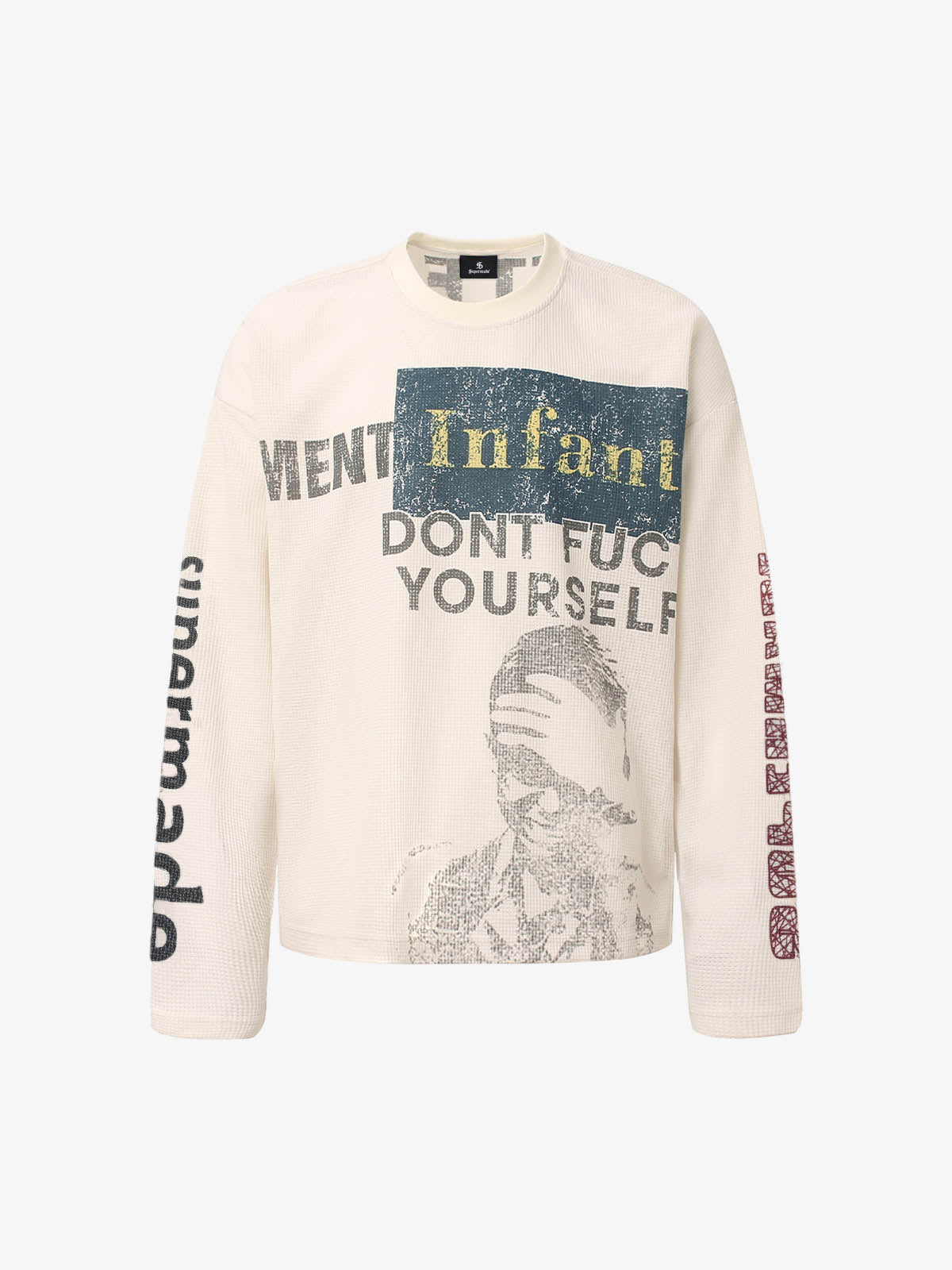 Waffle Knit Graphic Print Crewneck Sweatshirt - 2496; Apricot / S, Apricot / M, Apricot / L, Apricot / XL, Apricot / 2XL, Apricot / 3XL