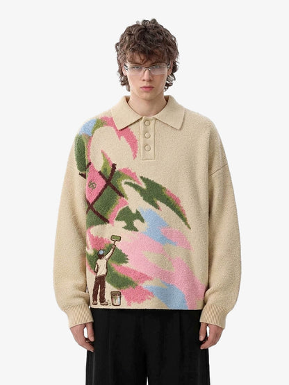 Art Story Graphic Jacquard Knit Polo Sweater