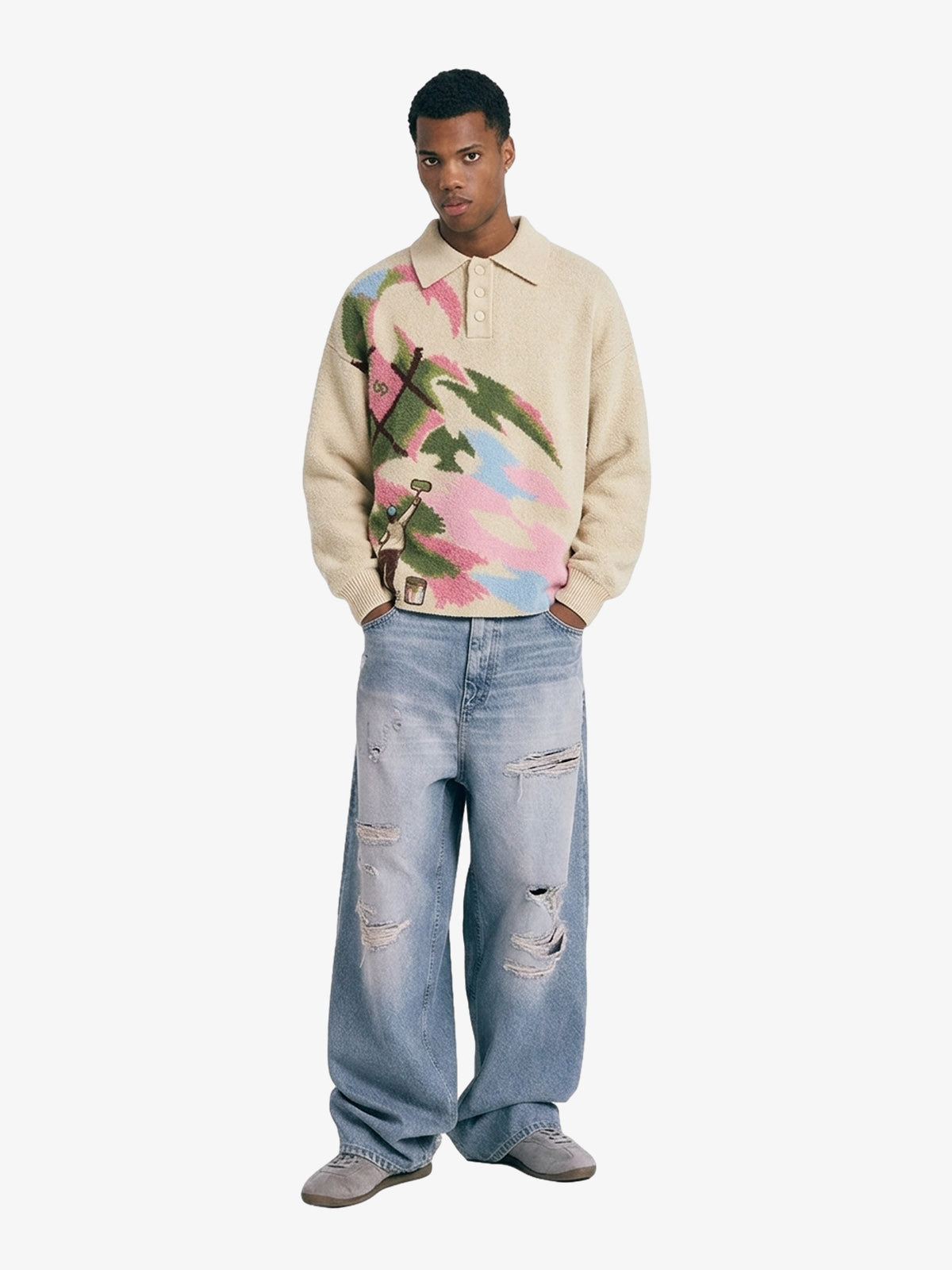 Art Story Graphic Jacquard Knit Polo Sweater