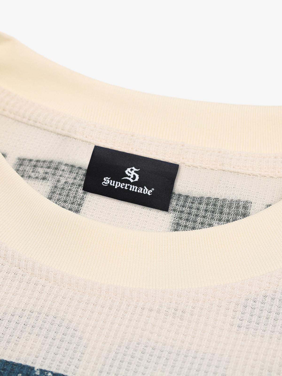 Waffle Knit Graphic Print Crewneck Sweatshirt - 2496; Apricot / S, Apricot / M, Apricot / L, Apricot / XL, Apricot / 2XL, Apricot / 3XL