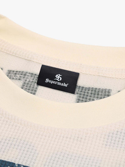 Waffle Knit Graphic Print Crewneck Sweatshirt - 2496; Apricot / S, Apricot / M, Apricot / L, Apricot / XL, Apricot / 2XL, Apricot / 3XL