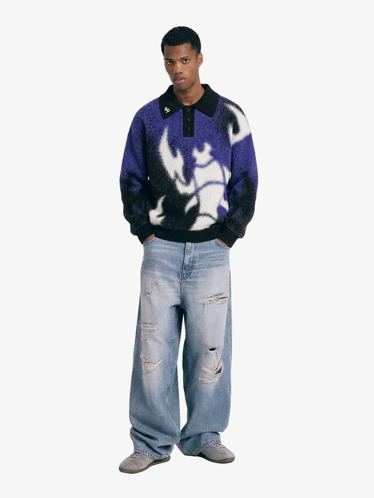 Abstract Spray Graphic Jacquard Knit Polo Sweater
