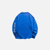 Back view of the blue Oversized Racing Loose Sweatshirt in a gray background