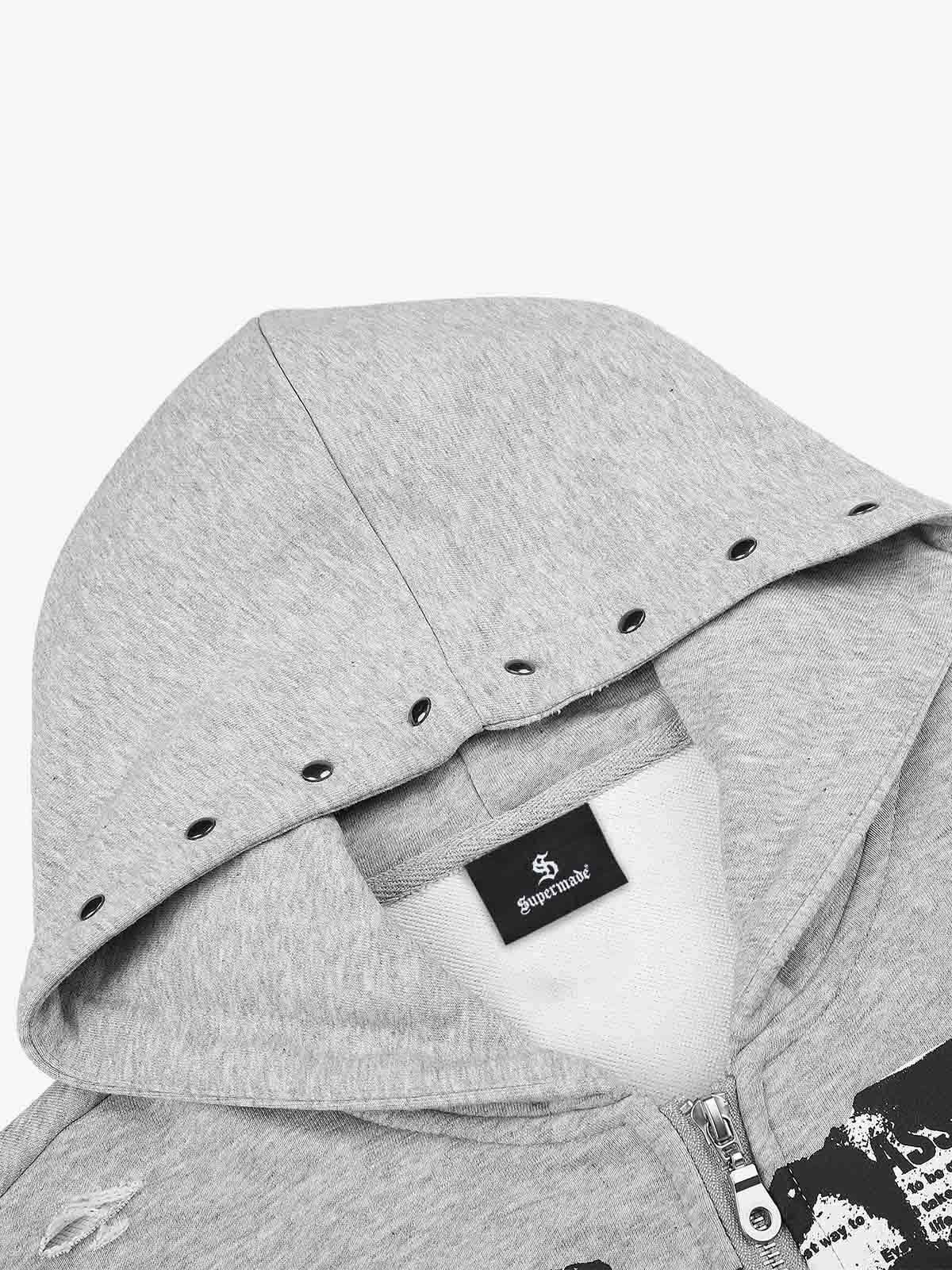 Studded Zip-Up Hooded Punk Sweatshirt Jacket; Flower Ash / S, Flower Ash / M, Flower Ash / L, Flower Ash / XL