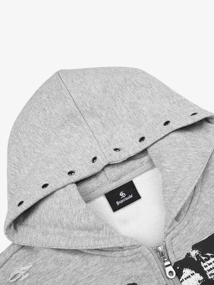 Studded Zip-Up Hooded Punk Sweatshirt Jacket; Flower Ash / S, Flower Ash / M, Flower Ash / L, Flower Ash / XL