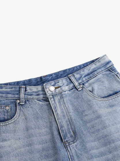 Pink Letter Embroidered Curved-Seam Jeans; Blue / S, Blue / M, Blue / L, Blue / XL