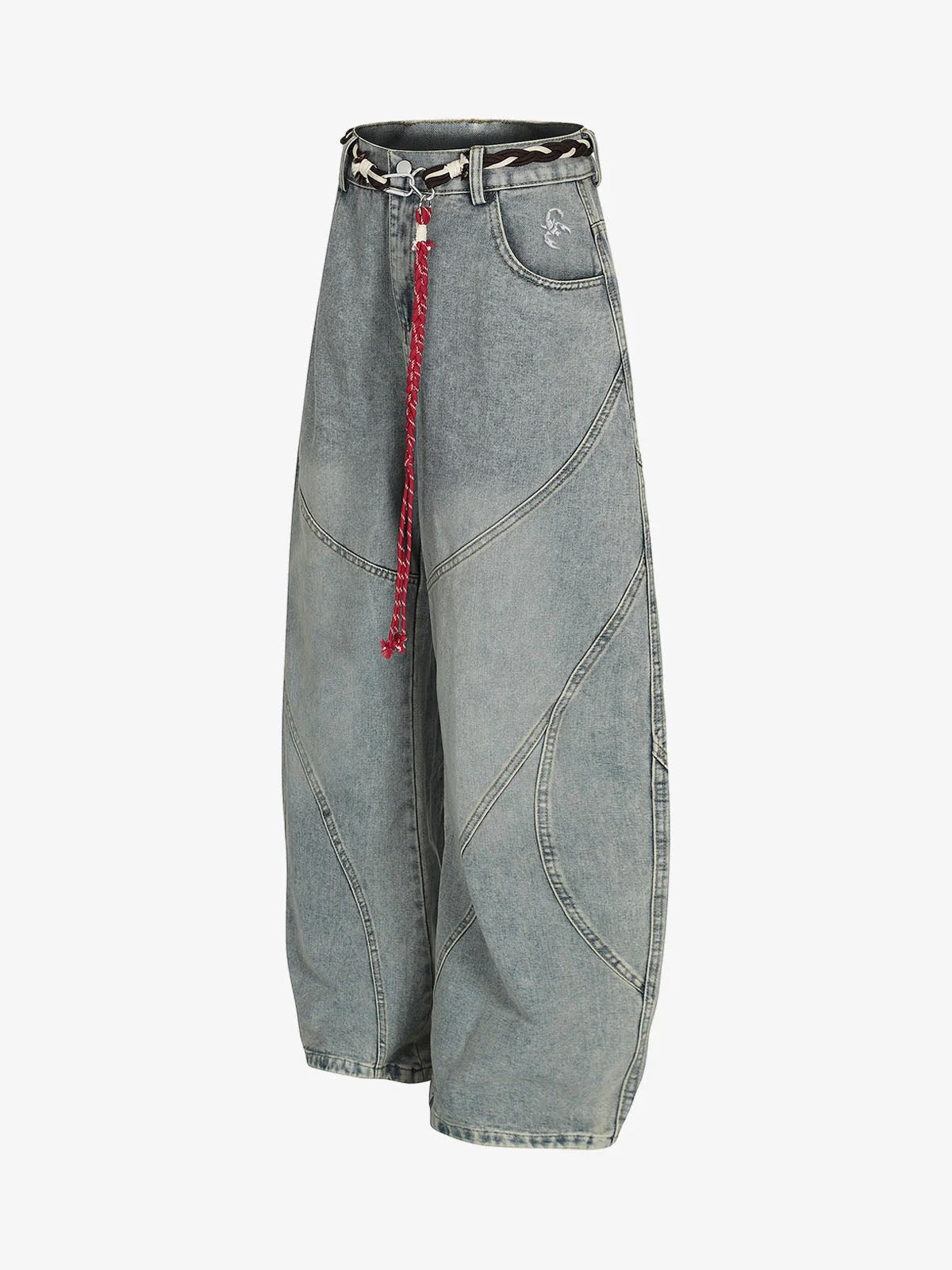 Denim Retro Belt Detail With Patchwork Barrel Jeans - 2490