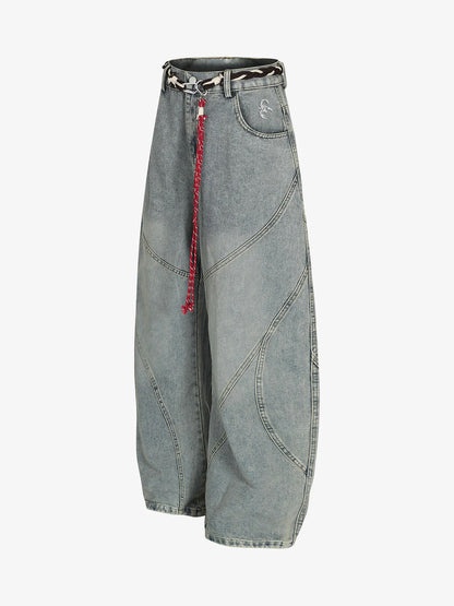 Denim Retro Belt Detail With Patchwork Barrel Jeans - 2490