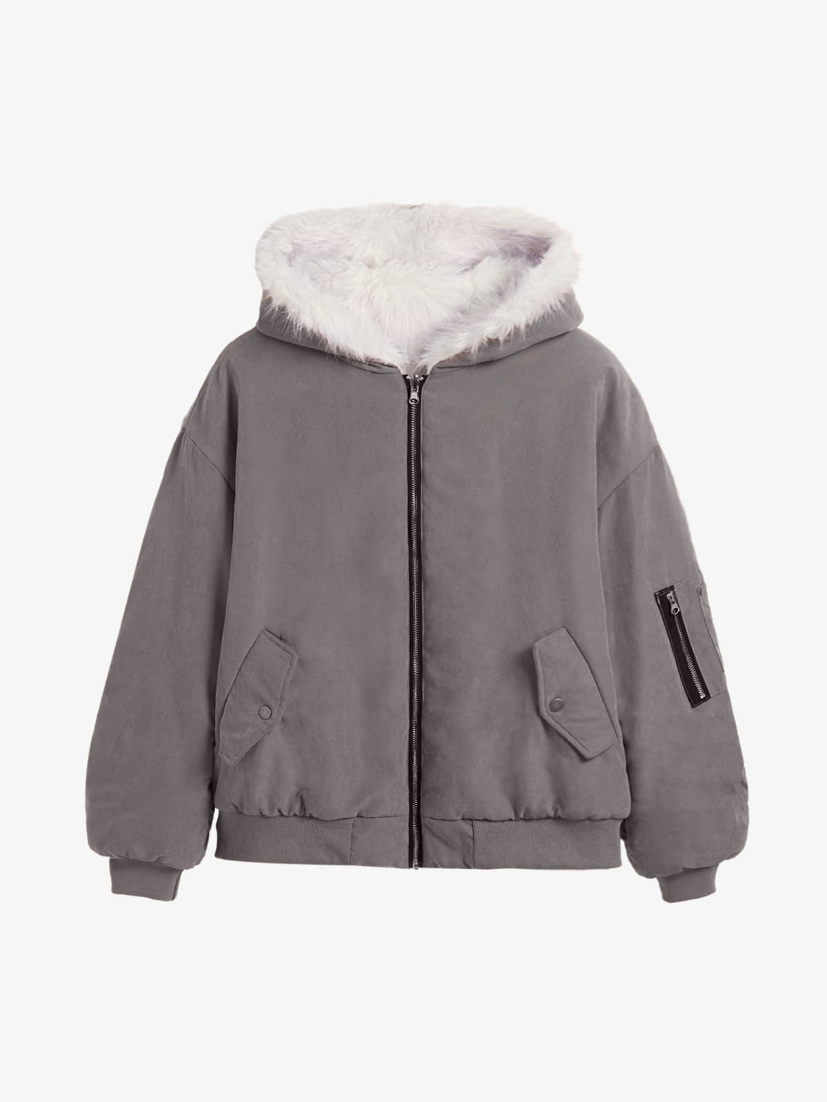 Oversized Reversible Fur Hooded Jacket - 2544; Gray / S, Gray / M, Gray / L, Gray / XL, Gray / 2XL