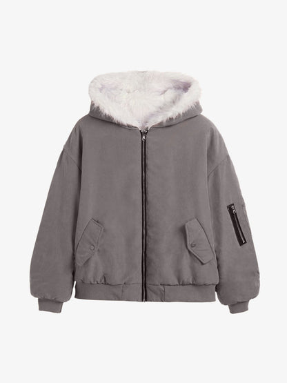 Oversized Reversible Fur Hooded Jacket - 2544; Gray / S, Gray / M, Gray / L, Gray / XL, Gray / 2XL