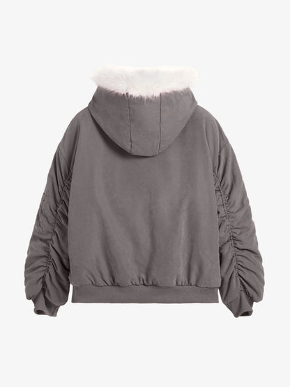 Oversized Reversible Fur Hooded Jacket - 2544; Gray / S, Gray / M, Gray / L, Gray / XL, Gray / 2XL