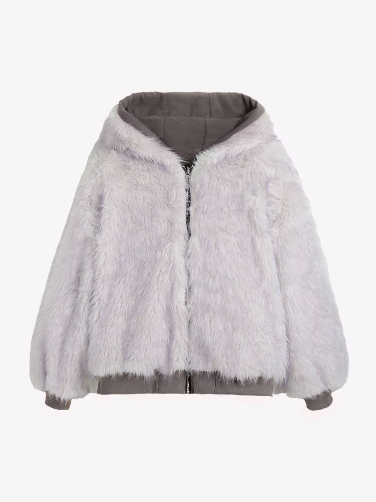 Oversized Reversible Fur Hooded Jacket - 2544; Gray / S, Gray / M, Gray / L, Gray / XL, Gray / 2XL
