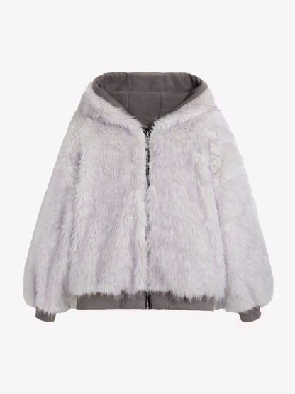 Oversized Reversible Fur Hooded Jacket - 2544; Gray / S, Gray / M, Gray / L, Gray / XL, Gray / 2XL