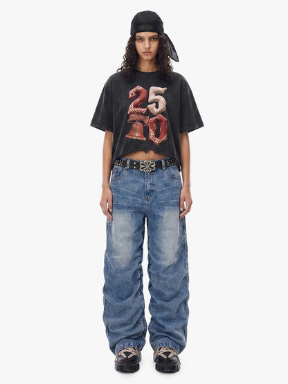 Y2K Faded Stacked Denim Jeans; Blue / S, Blue / M, Blue / L, Blue / XL