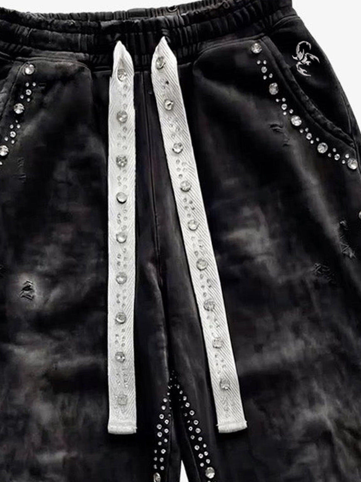 Distressed Rhinestone Sweatpants; Black / S, Black / M, Black / L, Black / XL, Black / 2XL