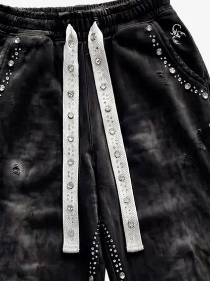Distressed Rhinestone Sweatpants; Black / S, Black / M, Black / L, Black / XL, Black / 2XL