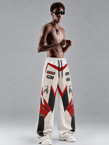 3D Biker Graphic Washed Distressed Wide-Leg Sweatpants