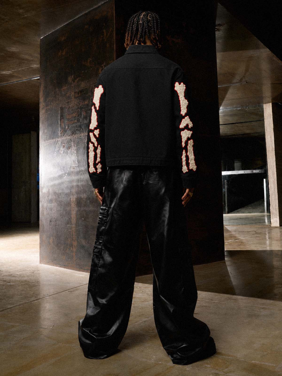 Skull Terry Embroidered Distressed Cropped Work Jacket; Black / S, Black / M, Black / L, Black / XL, Black / 2XL