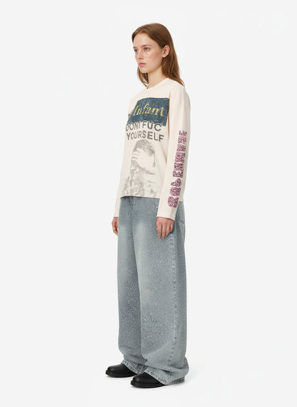 Waffle Knit Graphic Print Crewneck Sweatshirt - 2496; Apricot / S, Apricot / M, Apricot / L, Apricot / XL, Apricot / 2XL, Apricot / 3XL