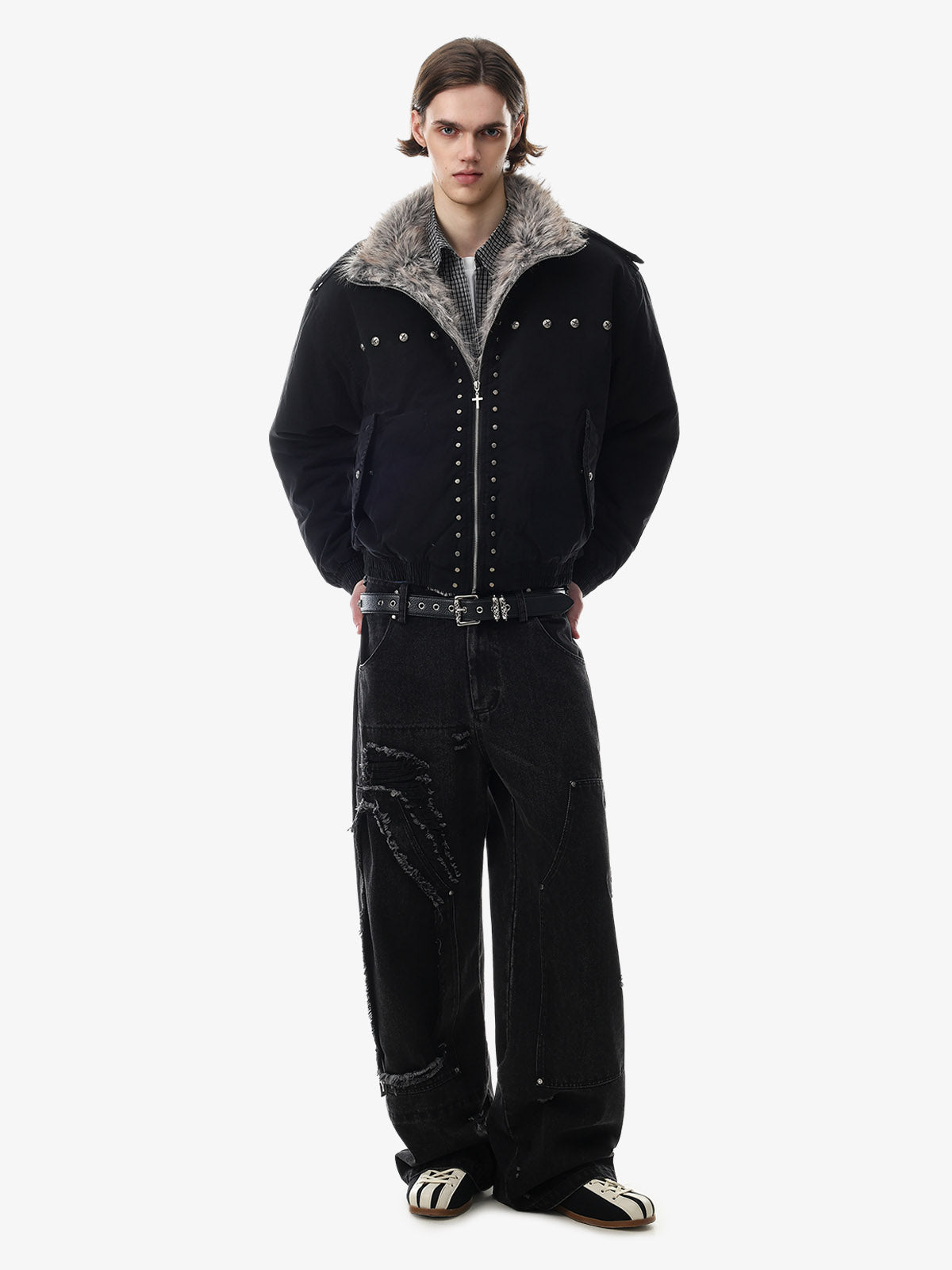 Studded Faux-Fur Collar Bomber Coat; Black / S, Black / M, Black / L, Black / XL