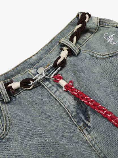 Denim Retro Belt Detail With Patchwork Barrel Jeans - 2490
