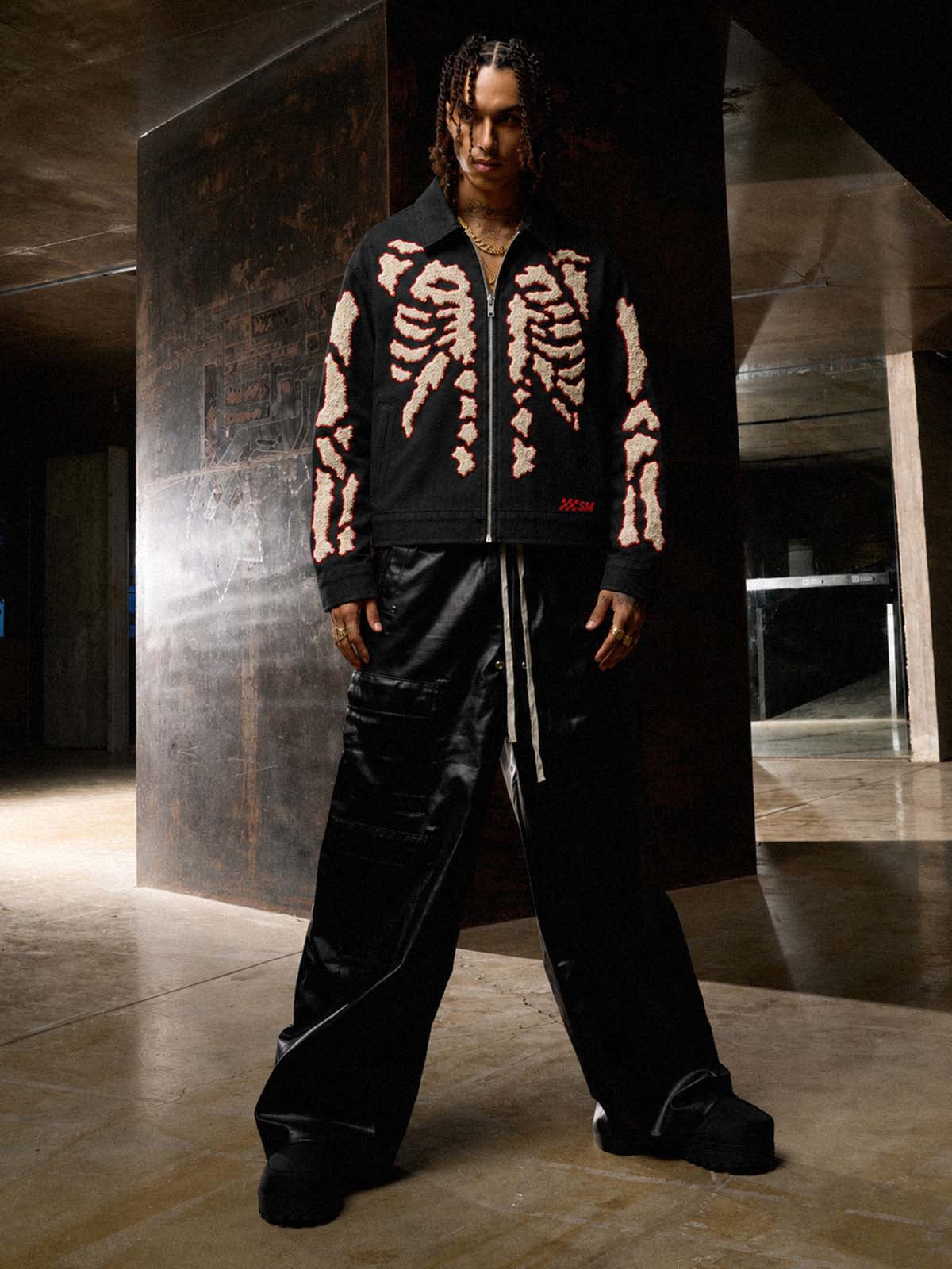 Skull Terry Embroidered Distressed Cropped Work Jacket; Black / S, Black / M, Black / L, Black / XL, Black / 2XL