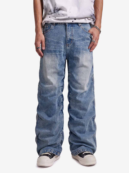 Y2K Faded Stacked Denim Jeans; Blue / S, Blue / M, Blue / L, Blue / XL