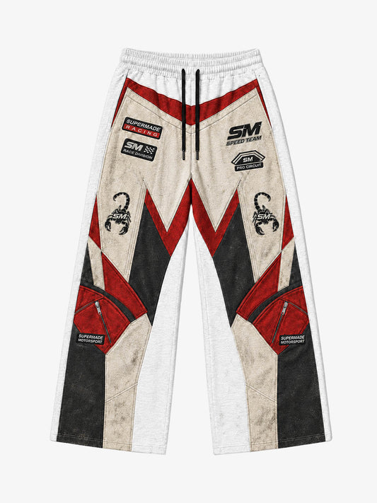 3D Biker Graphic Washed Distressed Wide-Leg Sweatpants