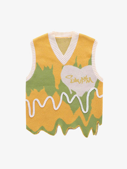 Thesupermade Graffiti Love V-neck Irregular Sweater - 1695; Yellow / S, Yellow / M, Yellow / L, Yellow / XL, Yellow / 2XL, Yellow / 3XL