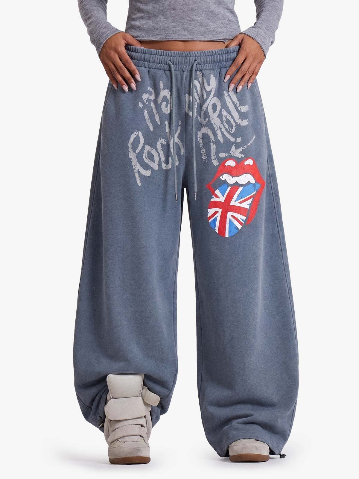 Lip Flag Graphic Distressed Washed Baggy Barrel Sweatpants; Blue / XS, Blue / S, Blue / M, Blue / L