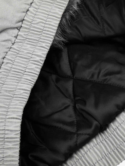 Studded Faux-Fur Collar Bomber Coat; Gray / S, Gray / M, Gray / L, Gray / XL