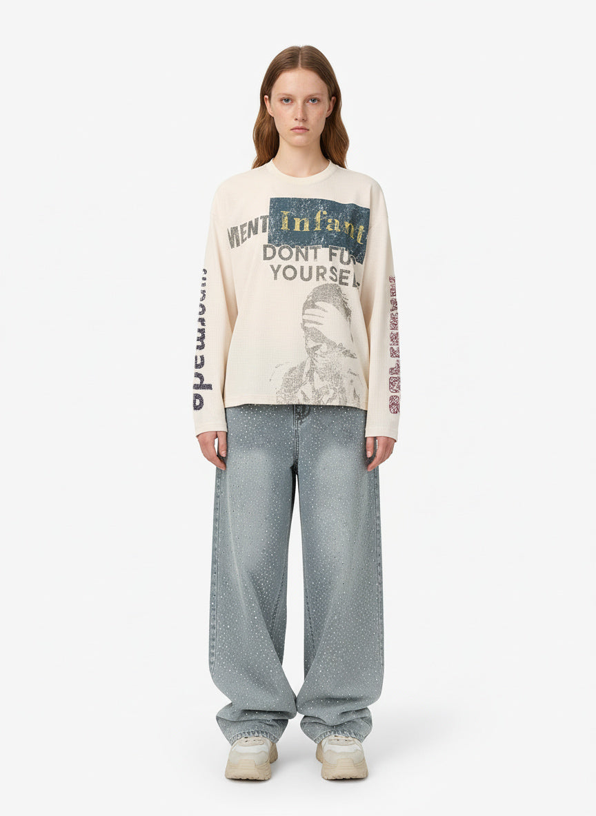 Waffle Knit Graphic Print Crewneck Sweatshirt - 2496 