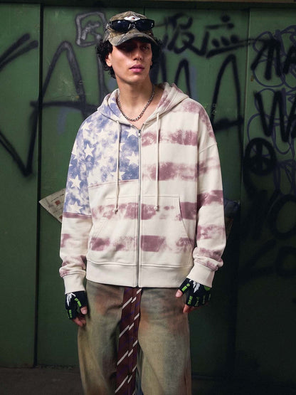 Distressed Star Stripe Graphic Zip-Up Hoodie; Off-White / S, Off-White / M, Off-White / L, Off-White / XL