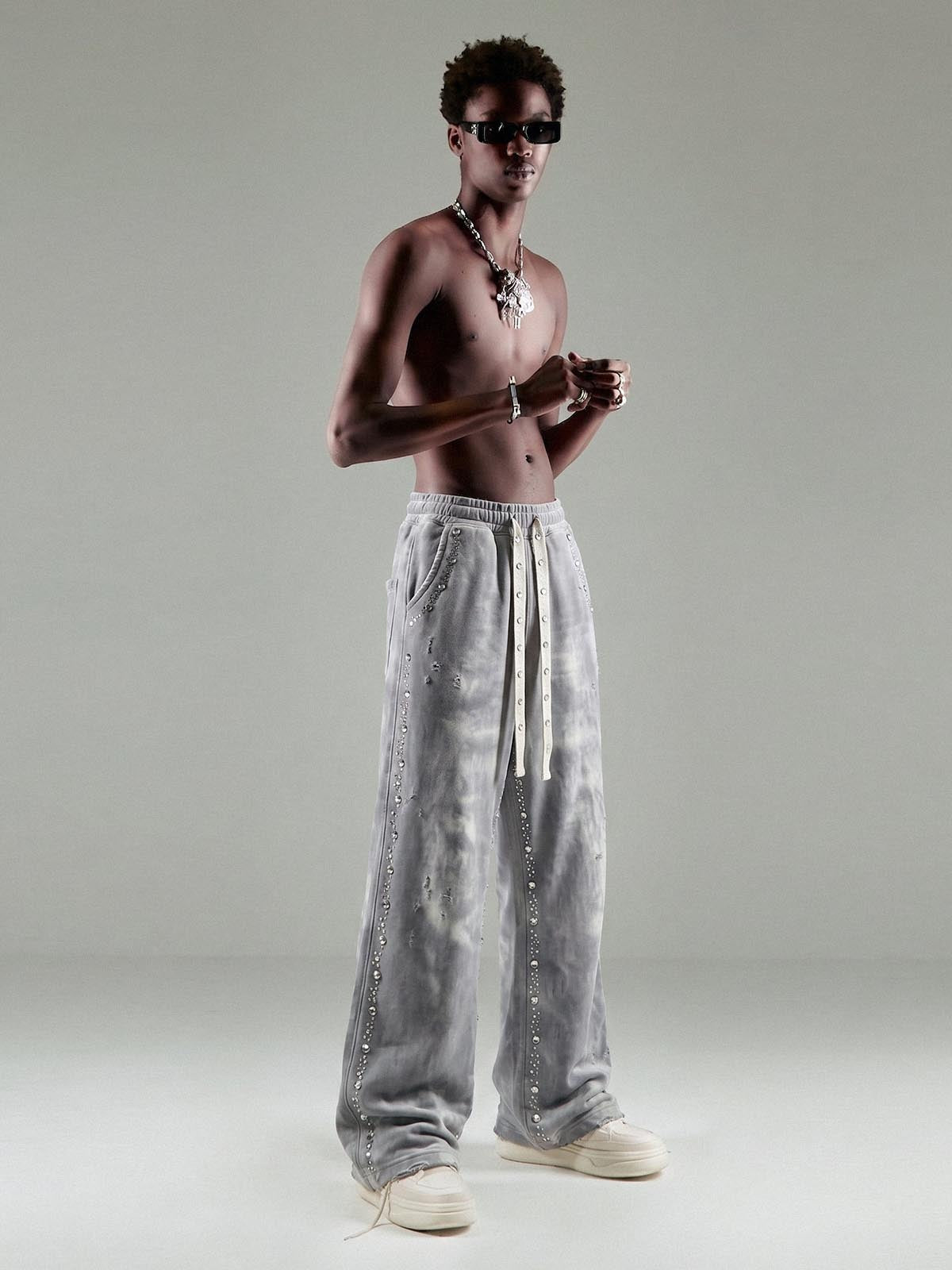Distressed Rhinestone Sweatpants; Gray / S, Gray / M, Gray / L, Gray / XL, Gray / 2XL