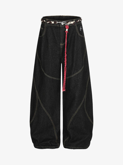 Denim Retro Belt Detail With Patchwork Barrel Jeans - 2490