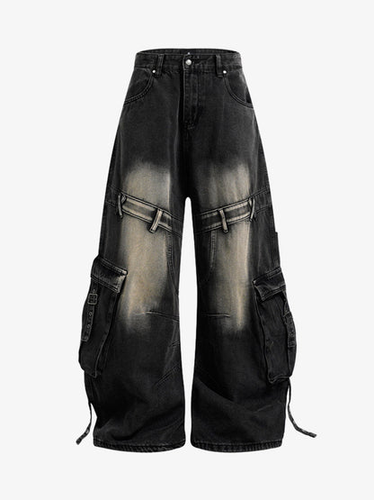Deconstructed Multi-Pocket Cargo Jeans; Black / M, Black / L, Black / XL, Black / 2XL, Black / S