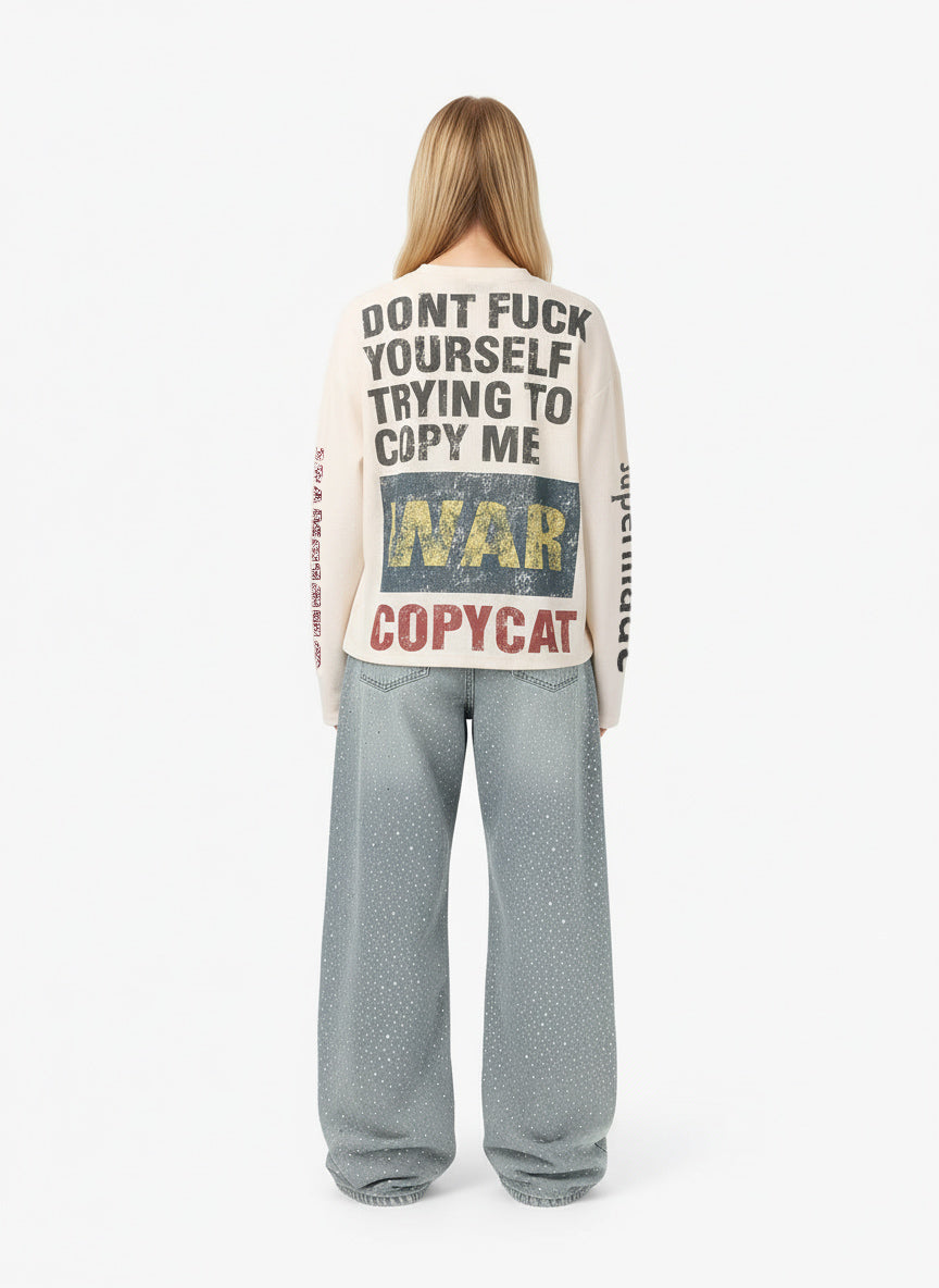 Waffle Knit Graphic Print Crewneck Sweatshirt - 2496; Apricot / S, Apricot / M, Apricot / L, Apricot / XL, Apricot / 2XL, Apricot / 3XL
