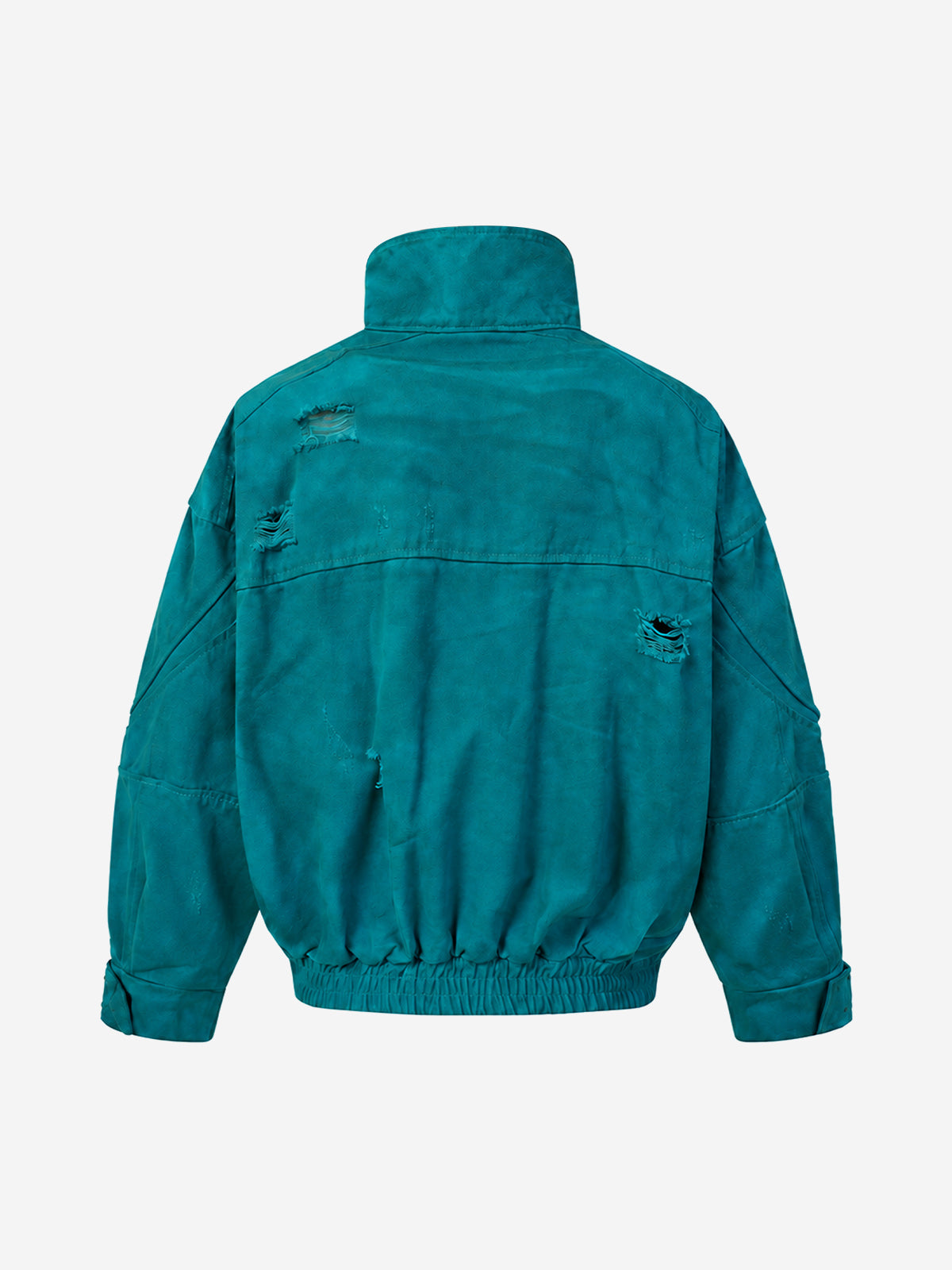Embroidered Badge Distressed Fleece-Lined Teal Bomber Coat
