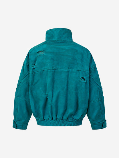 Embroidered Badge Distressed Fleece-Lined Teal Bomber Coat